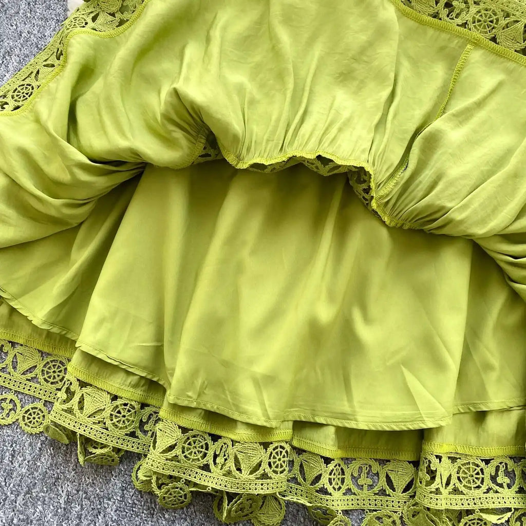 Abiti midi scavati di lusso Camicia da donna Vacanza estiva Elegante bottone monopetto Cintura in pizzo Ricamo Vestido lungo da festa