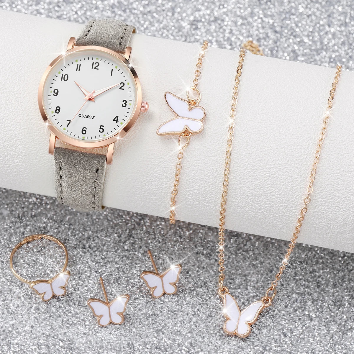 6 pezzi orologio da donna moda quadrante arabo cinturino in pelle orologi al quarzo set di gioielli a farfalla (senza scatola)