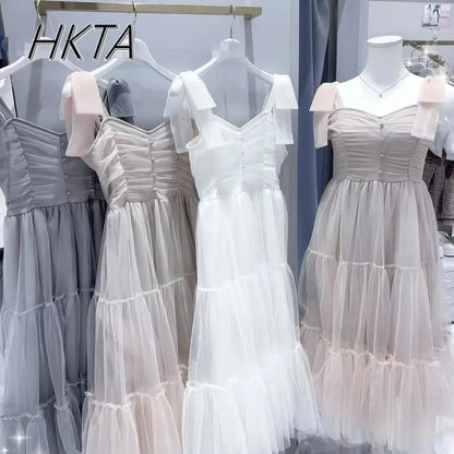 Abiti da donna di nicchia in stile giapponese Primavera Estate Autunno Ragazza Dolce fiocco Abito in rete Lolita Abito lungo con bretelle da fata carina