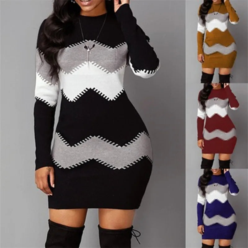 Abito caldo a maniche lunghe patchwork elegante da donna 2022 abito maglione lavorato a maglia a costine autunno inverno mini abiti pullover dolcevita casual