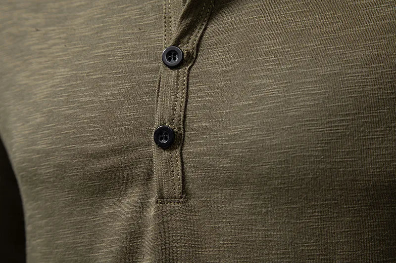 Camicia da uomo in cotone con bottoni e collo a Henley, manica lunga, bottoni casual, tinta unita, magliette alla moda