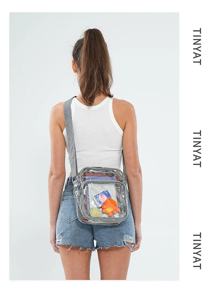 TINYAT Borse da donna in PVC trasparente impermeabile con cinturino in rete leggera Metti per cuffie perse Jack Ombrello per cellulare iPad da 9,7 pollici
