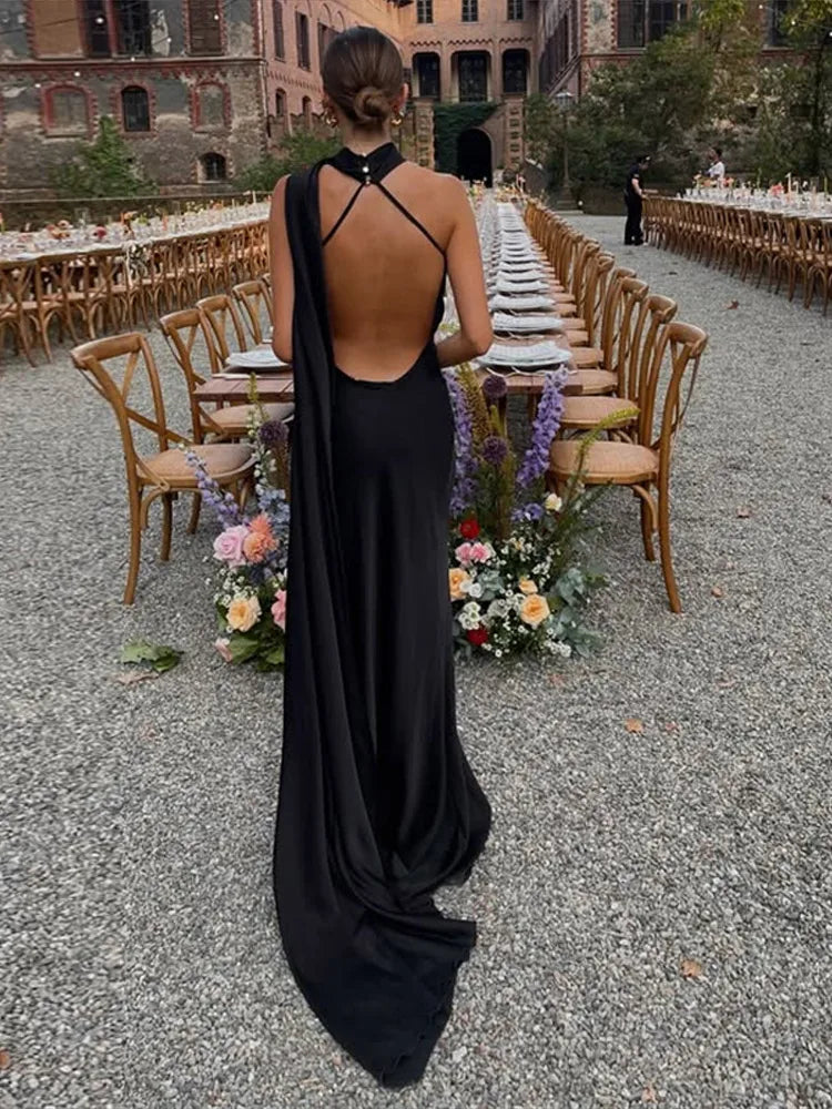 Sciarpa a nastro Halter Abito da donna Spalla inclinata Raso di seta Slim Fit Streamer Grandi abiti sexy senza schienale Abiti lunghi da donna Estate