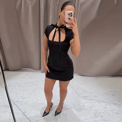 Abito Elegante Estivo 2026 da Donna con Stampa a Pois e Inserti in Pizzo, Vestito da Spiaggia Senza Maniche con Schiena Scoperta in Raso e Spalline Sottili