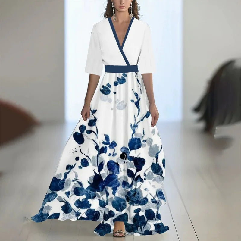 Abito bohémien patchwork con stampa floreale alla moda Donna Abiti lunghi sexy con scollo a V profondo Abiti lunghi larghi con maniche a sbuffo della nuova primavera