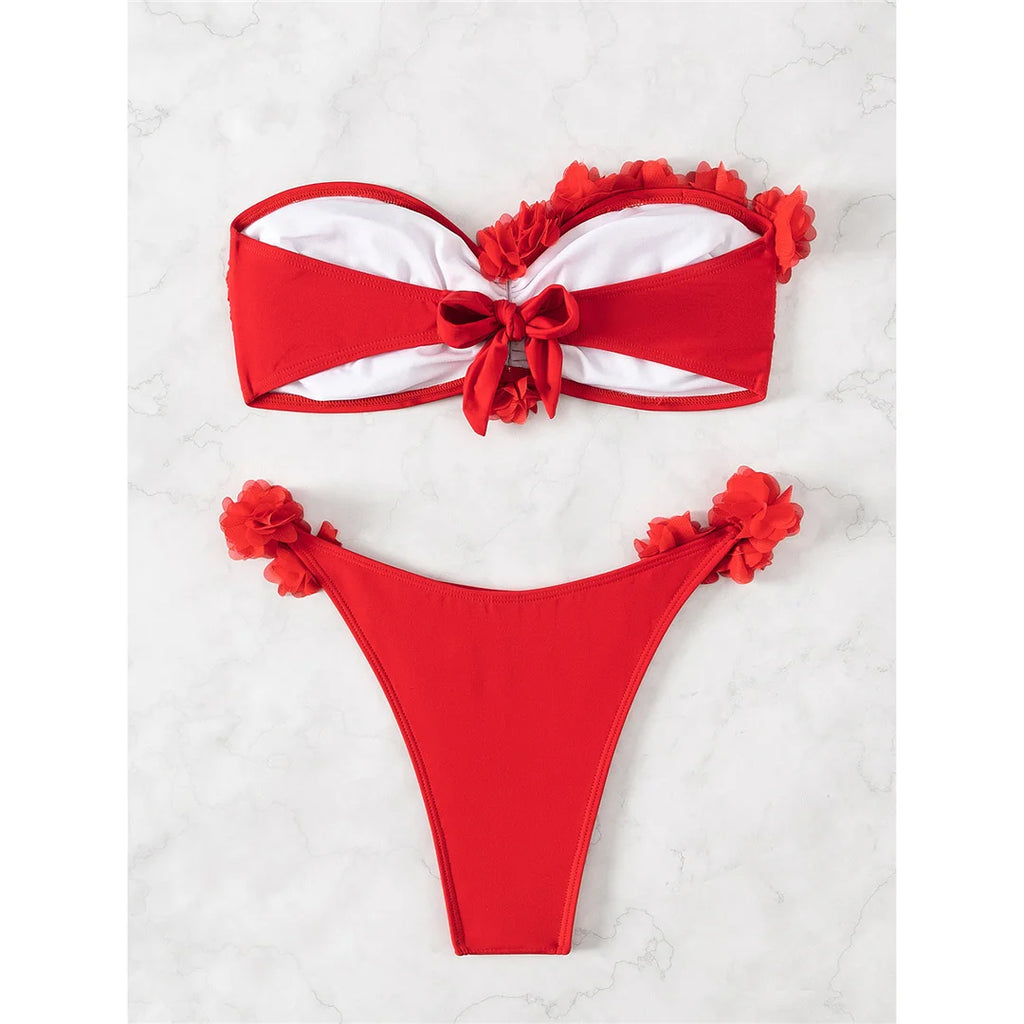 XS - L Fiori 3D Bikini a fascia taglio alto Costumi da bagno donna Costume da bagno femminile Bikini a due pezzi Costume da bagno bagnante Costume da bagno V5961