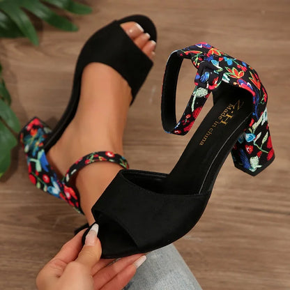 Nuovi sandali estivi con tacco spesso per donna Testa tonda Linea open-toe con tacco alto stampato antiscivolo resistente all'usura Bocca di pesce