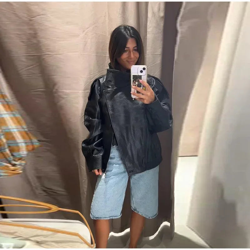 Giacca bomber da donna in camoscio grigio scuro, con colletto alla coreana, maniche lunghe, oversize, asimmetrica, stile street, giacche da donna autunno 2026