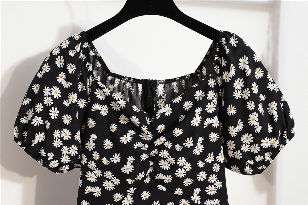 Mini abiti da donna Moda estiva Abiti femminili Stampa Abiti in chiffon floreale Abito casual con maniche corte a pieghe arricciate