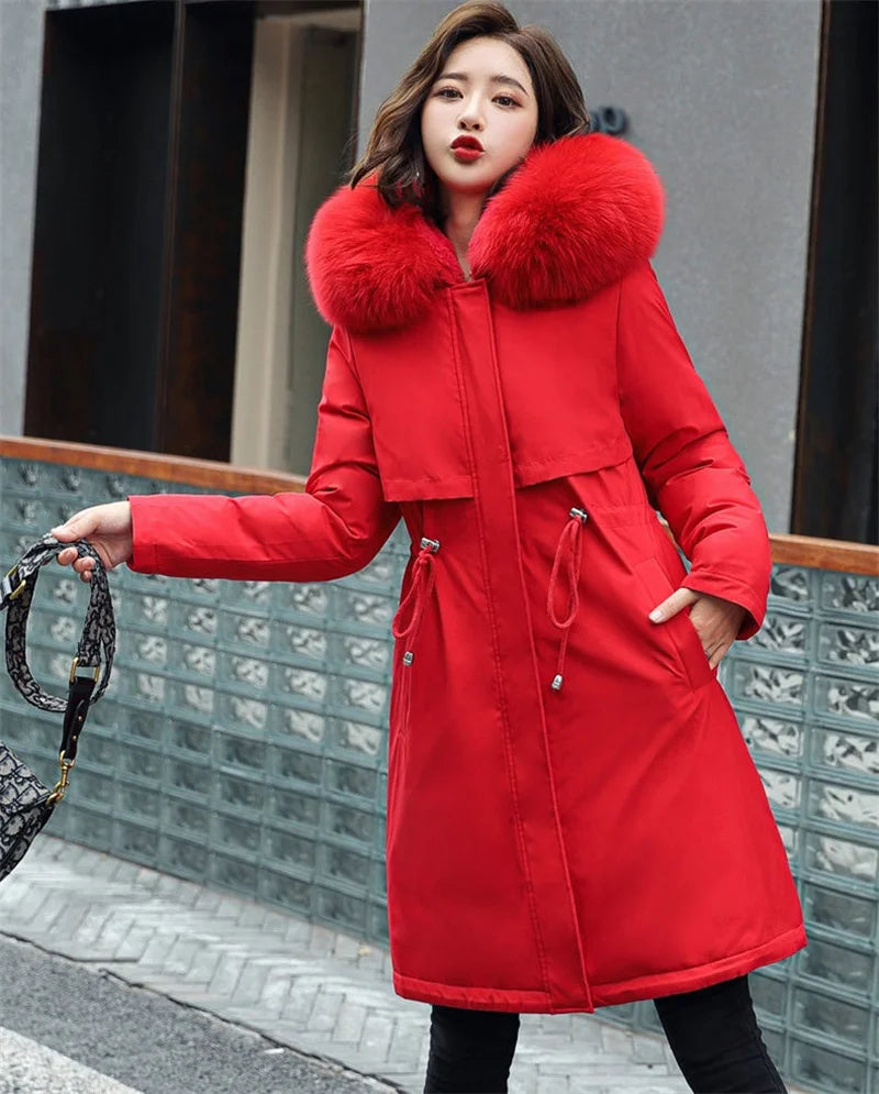 Giacca Invernale 2026 Nuova Parka da Donna Cappotto Lungo con Fodera in Lana Giacca con Cappuccio Collo in Pelliccia Spessa e Calda Abbigliamento da Neve Parka Imbottito 6XL