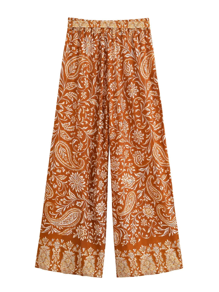 Boho Queens Donna Abiti con stampa floreale marrone Kimono Abito Abiti bohémien Pantaloni a gamba larga 2 pezzi Rayon Boho Set costume da bagno
