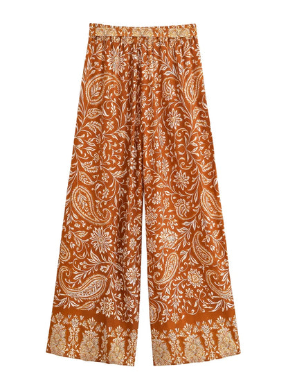 Boho Queens Donna Abiti con stampa floreale marrone Kimono Abito Abiti bohémien Pantaloni a gamba larga 2 pezzi Rayon Boho Set costume da bagno