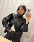 Giacche Corte in Ecopelle Nera alla Moda per Donne, Cappotti Oversize Retrò con Collo Alto e Maniche Lunghe, Abbigliamento Classico da Strada per Autunno e Inverno