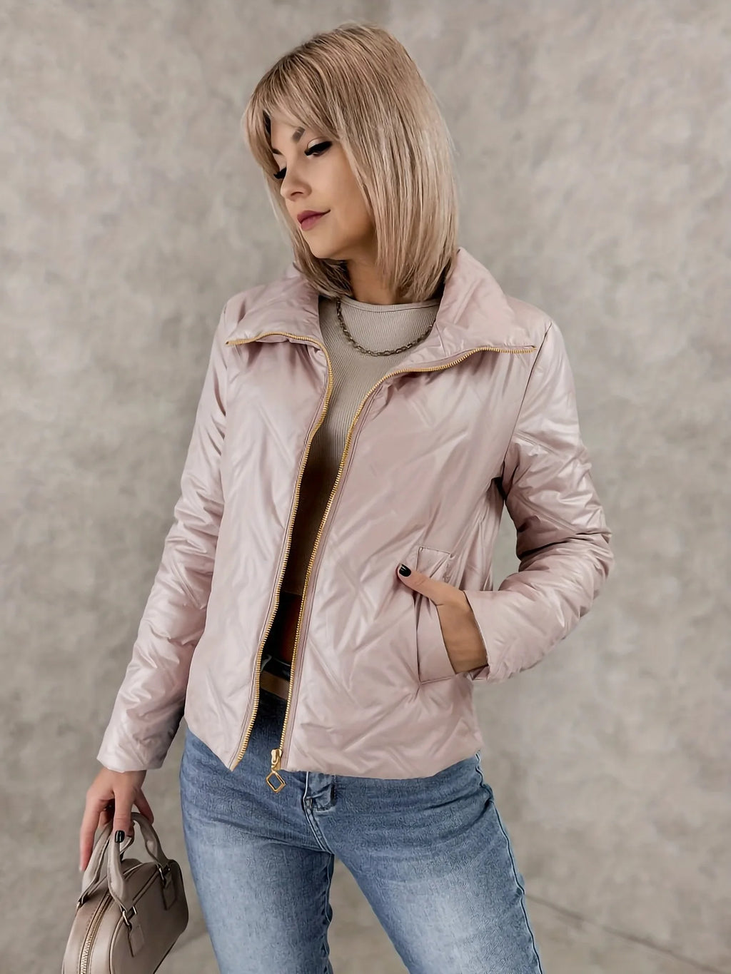 Abbigliamento donna 2025 Nuovo autunno e inverno Tinta unita a maniche lunghe Risvolto Elegante cerniera Giacca imbottita in cotone termico