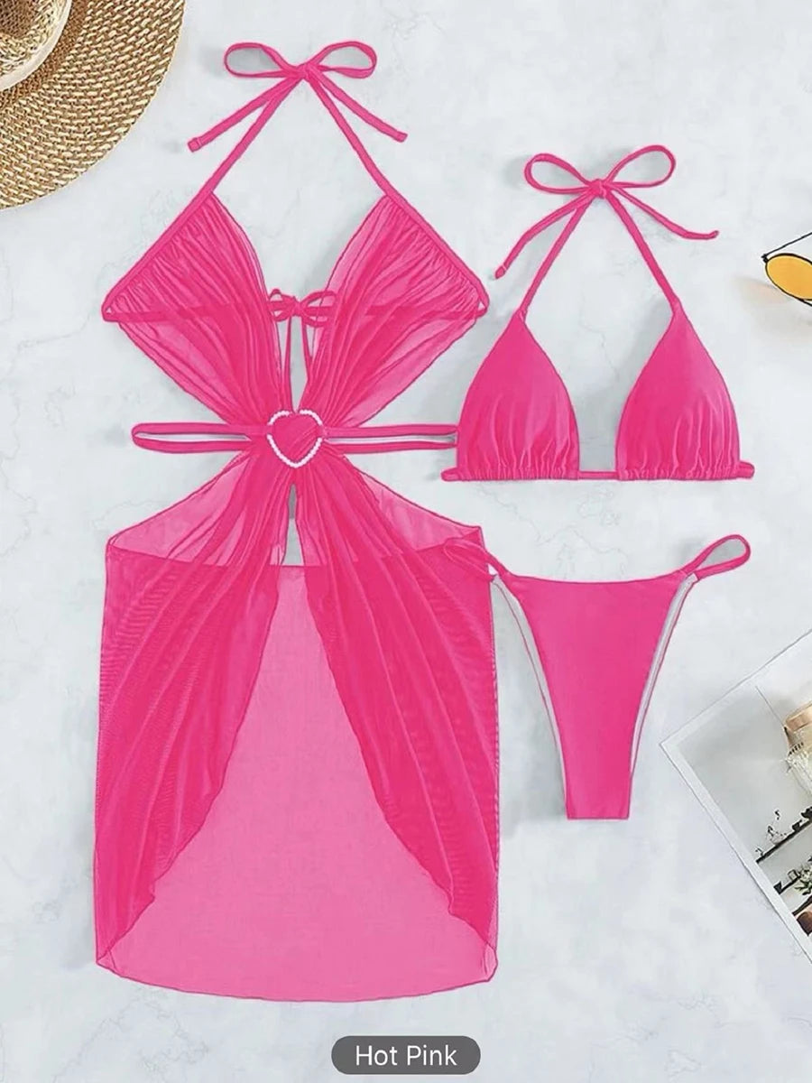 Ensemble bikini 3 pièces à lacets et dos nu 2026 Maillot de bain ajouré Rembourré pour femmes Maillots de bain Maillot de bain de plage