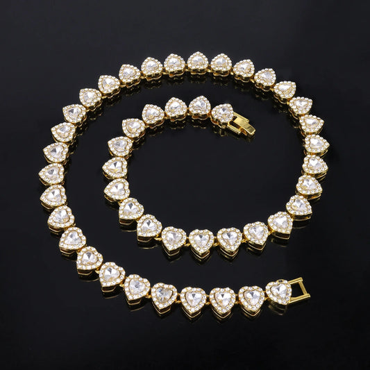 ZAKOL 45CM Nuovo Hip Hop Tennis Bracciale a catena Collana Cuore lucido Strass CZ Fashion Rock Party Set di gioielli