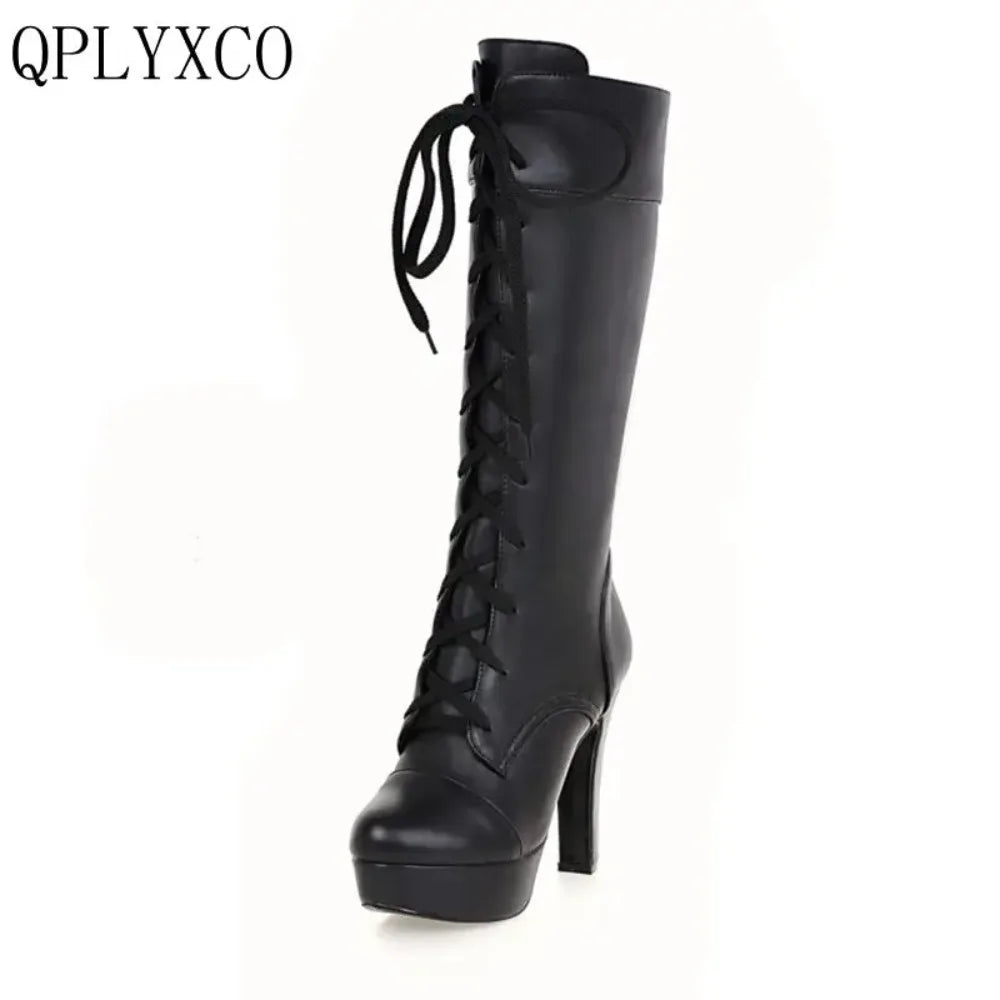 QPLYXCO Knee High Boots Women New Fashion Small Big Size 31-45 Autumn Winter Warm Lace Up High Heels Long Platform Boots M-20
