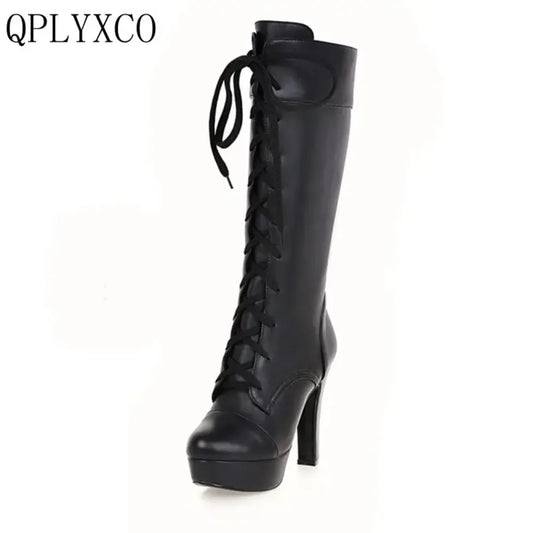 QPLYXCO Knee High Boots Women New Fashion Small Big Size 31-45 Autumn Winter Warm Lace Up High Heels Long Platform Boots M-20