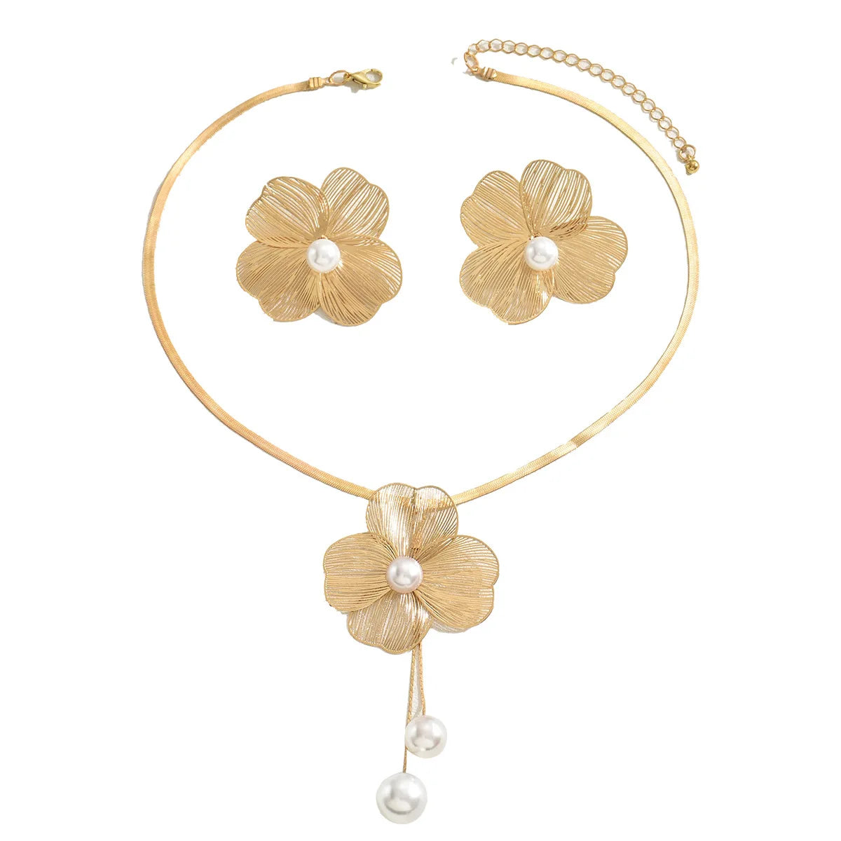 Ensembles collier et boucles d'oreilles pour femmes en cuivre, polyvalents, fleur incrustée, perle, design de niche, chaîne longue à clavicule, bijoux de mode