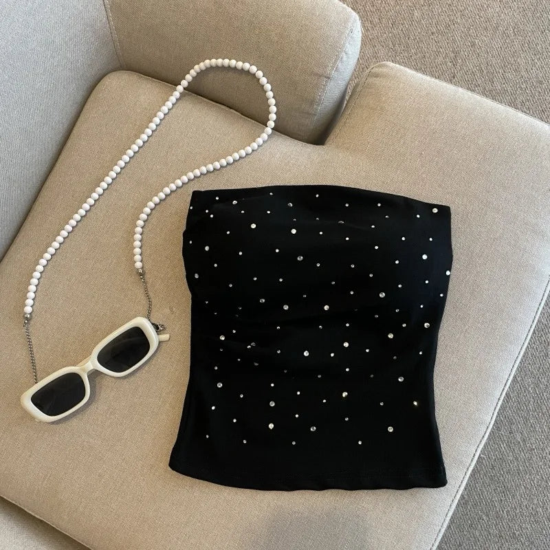 Summer Sexy Tube Top Camisole for Women Black Fashion Diamond Strapless Top 2026