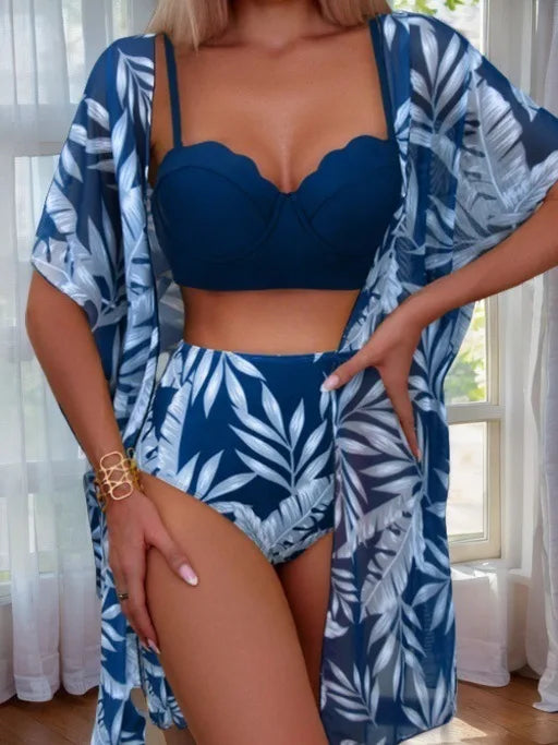 Elegante stampa 3 pezzi bikini set costume da bagno donna vintage bikini a vita alta maglia cover up 2025 nuovo costume da bagno biquini femminile