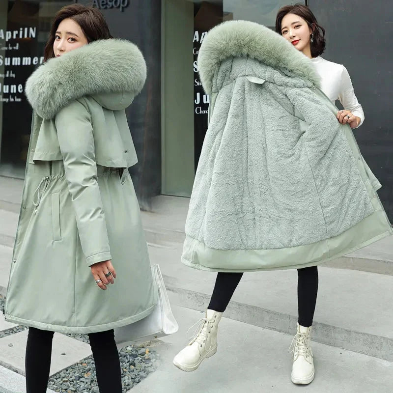 Giacca Invernale 2026 Nuova Parka da Donna Cappotto Lungo con Fodera in Lana Giacca con Cappuccio Collo in Pelliccia Spessa e Calda Abbigliamento da Neve Parka Imbottito 6XL