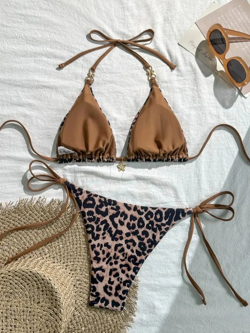 Neuer Leopard-Neckholder-Bikini-Set im europäischen und amerikanischen Stil für Damen, sexy Badeanzug – Kollektion 2025