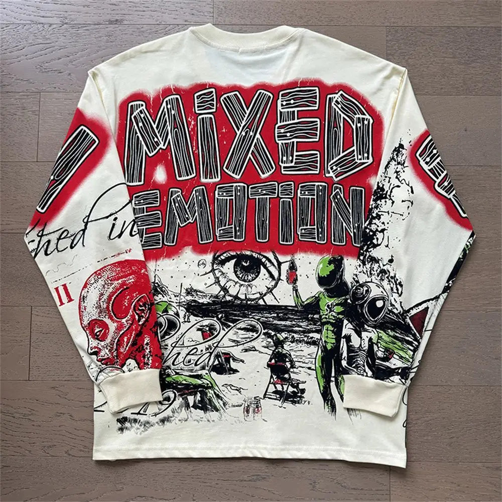 EMOTIONE MISTA T-shirt a maniche lunghe Uomo Donna High Street Stampa completa 100% cotone Girocollo Hip Hop Top oversize