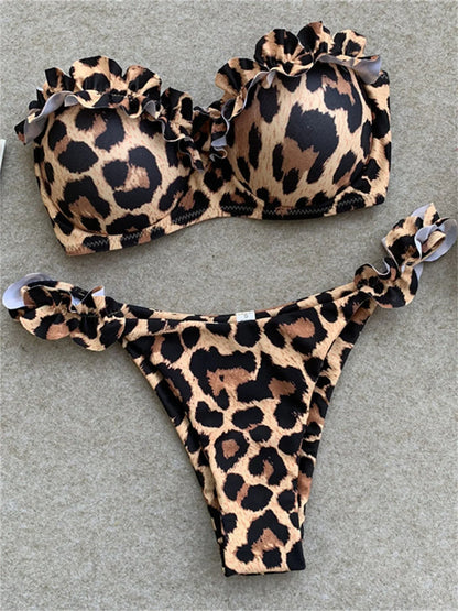 Bikini Sexy con Stampa Animalier Leopardata, Costume da Bagno Push-Up per Donne, Set Bikini 2026, Costume Brasiliano, Top a Fascia, Slip a Perizoma, Abbigliamento da Spiaggia