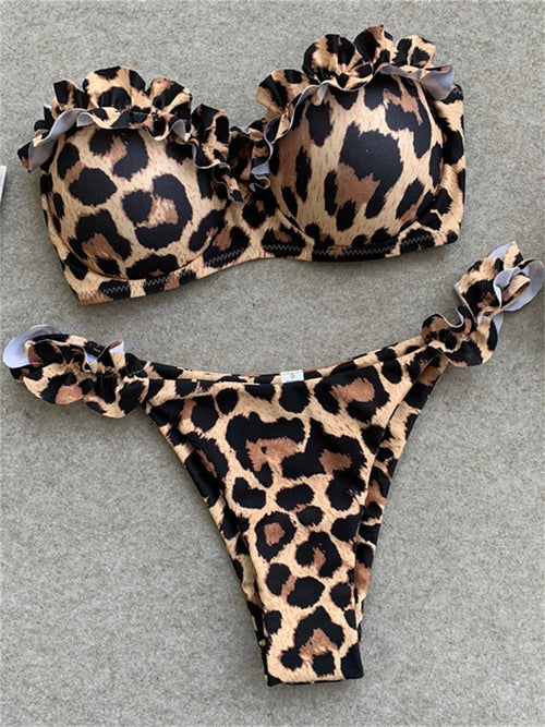 Bikini Sexy con Stampa Animalier Leopardata, Costume da Bagno Push-Up per Donne, Set Bikini 2026, Costume Brasiliano, Top a Fascia, Slip a Perizoma, Abbigliamento da Spiaggia