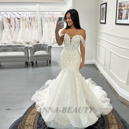 Anna Abiti da sposa eleganti con volant per Mariage Sirena Applicazioni in pizzo con spalle scoperte Vestido de Casamento Personalizzato