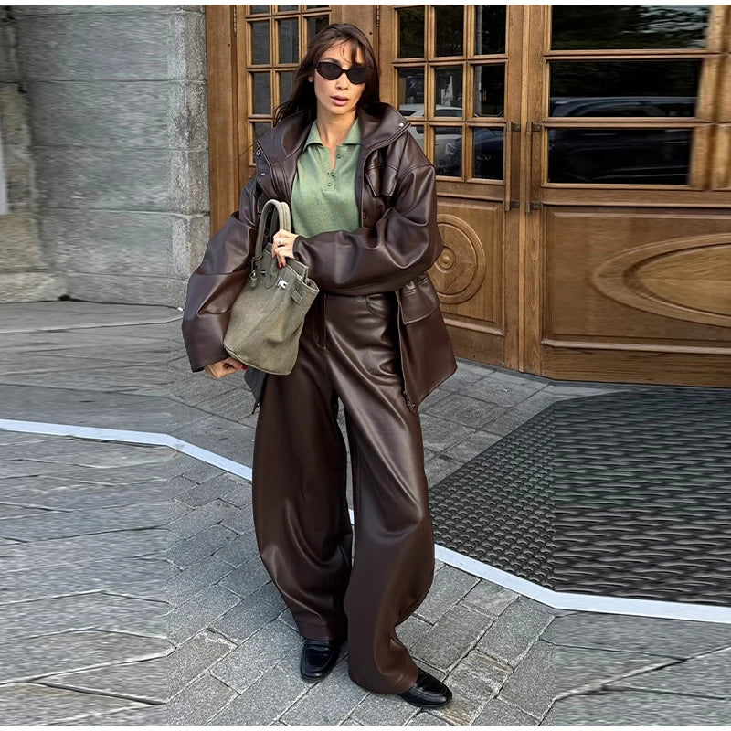 Giacca in Pelle da Donna con Cintura in Vita, Collo Alto, Tasche con Zip, Stile Vintage, Moda Streetwear 2026