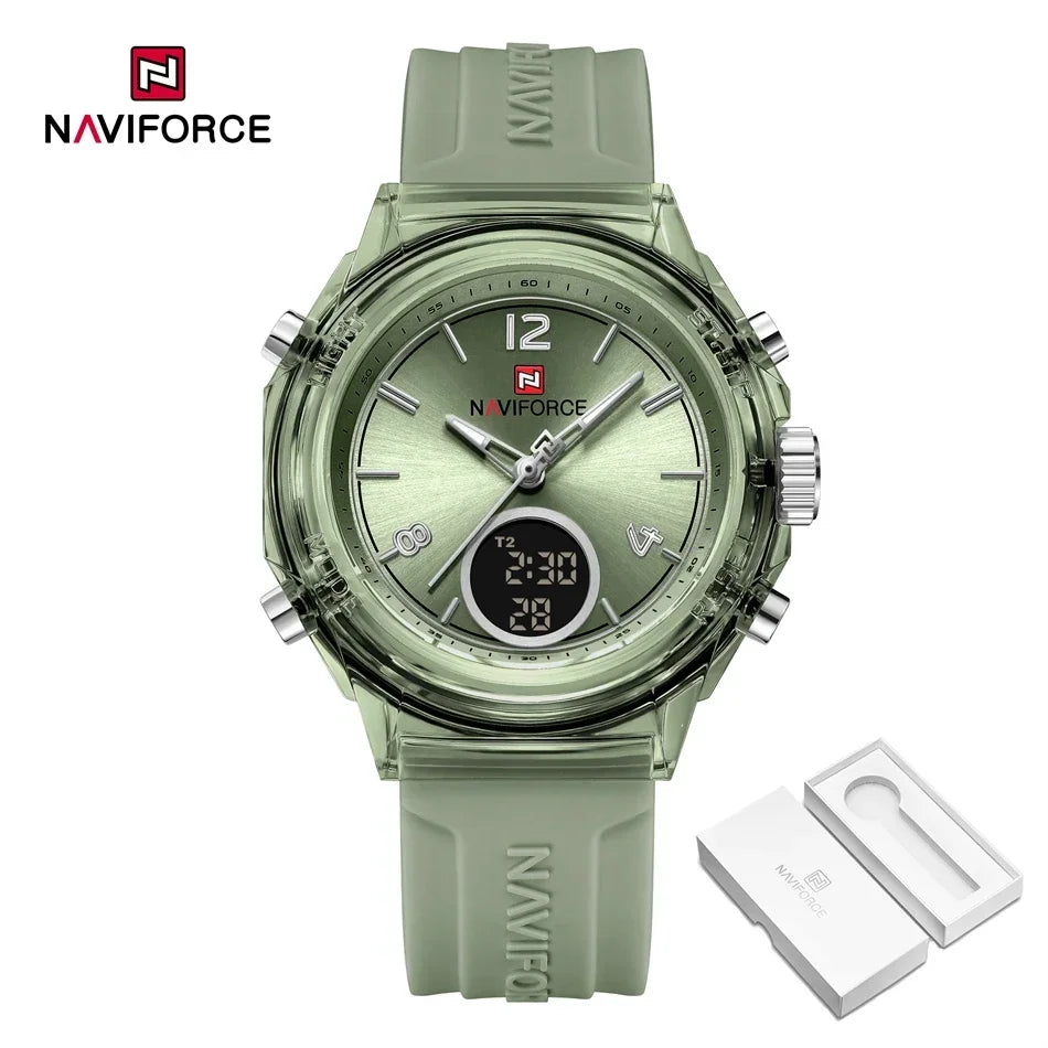 NAVIFORCE Orologio da donna di lusso Orologio sportivo all'aria aperta in oro Orologi impermeabili Doppio display dell'ora Orologi da polso al quarzo Orologio digitale in gomma