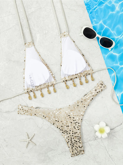 Paillettes lucide Halter Bikini Costume da bagno femminile Costumi da bagno donna Bikini a due pezzi Costume da bagno brasiliano imbottito Costume da bagno Swim V7619