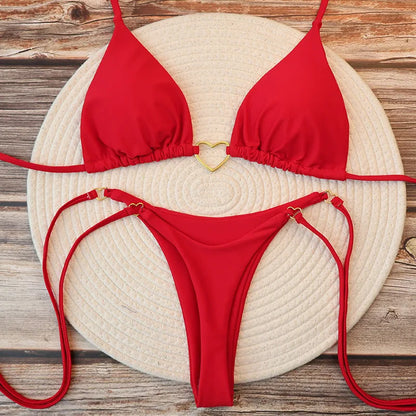 Damen Sexy Brasilianischer Bikini Set Neckholder Triangel Top String Unterteil Zweiteiliger Badeanzug Herz Bademode Sommer Strandmode