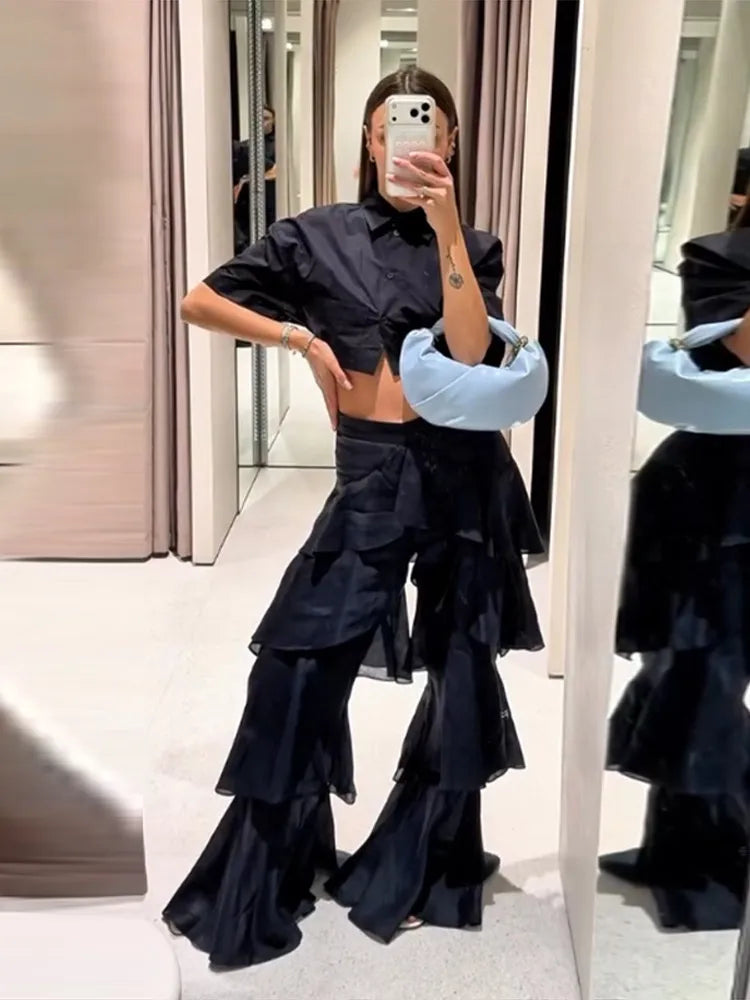 Pantaloni a Balze a Strati Blu Navy alla Moda da Donna, a Vita Alta e Gamba Larga, Lunghi, Nuova Collezione 2026, Casual da Vacanza e Streetwear