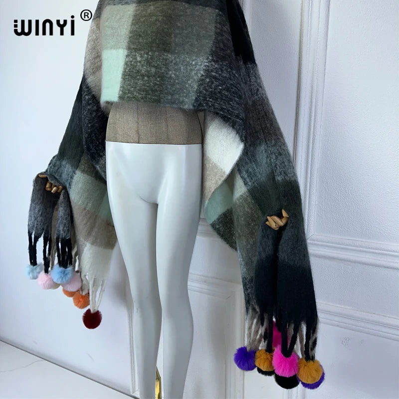 WINYI inverno Plaid nappa abito lavorato a maglia mantello moda Abito da vacanza Elegante poncho invernale per le donne mantello allentato boho abbigliamento donna
