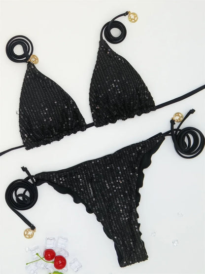 Solid Bikini Sexy Swimsuit Halter Swimwear Bathing Suit Women  Bikini Set Beach Wear Shiny Bikni Sets
