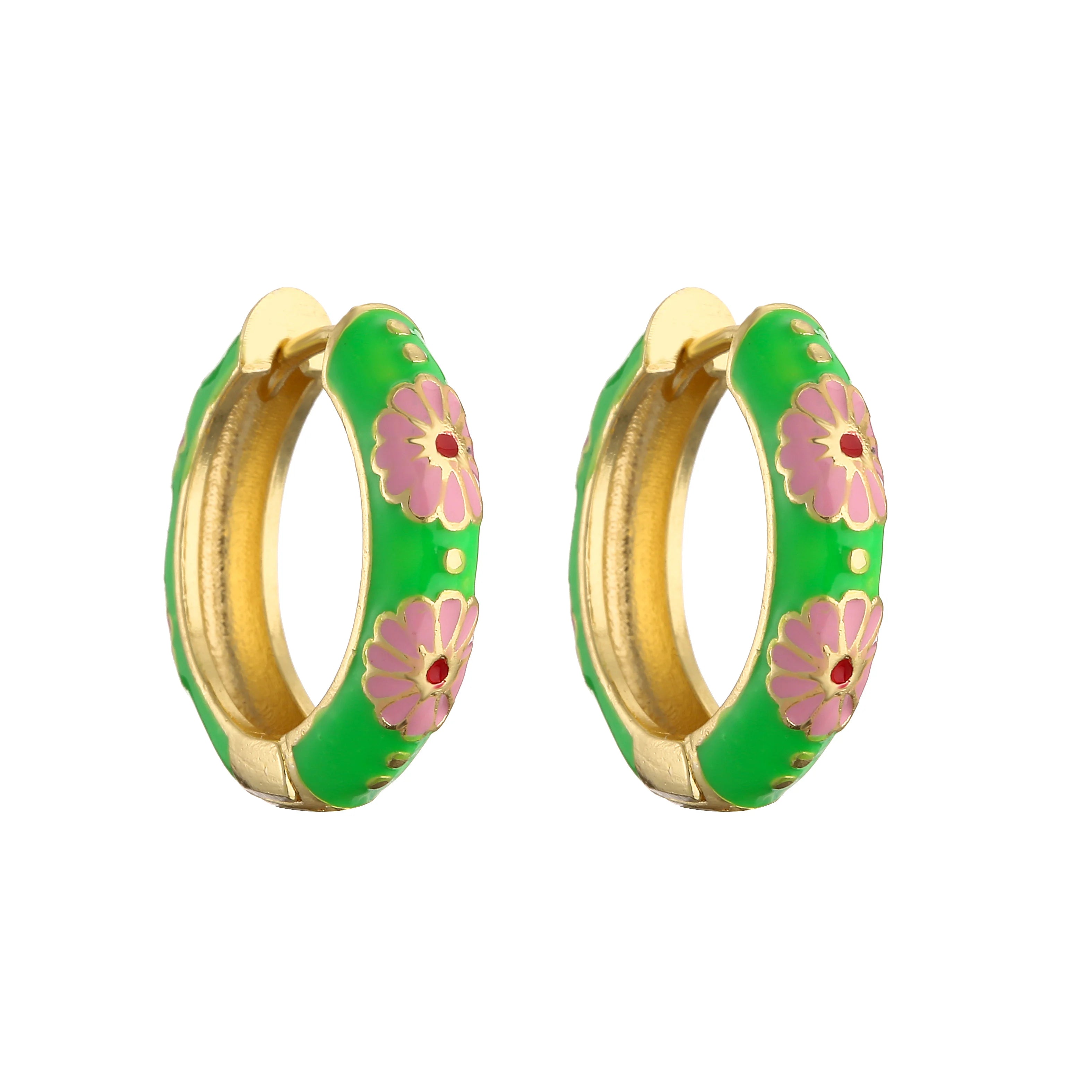 HECHENG, Orecchini a cerchio piccoli con fiori smaltati vintage Dichiarazione geometrica alla moda Cerchio rotondo Huggie Orecchino Gioielli di moda Brincos