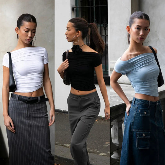 Summer New Women T-shirt Sexy Short Sleeve Solid Fashion Tees Slash Neck Folds Crop Top Casual Streetwear Bodycon Female T-shirt
