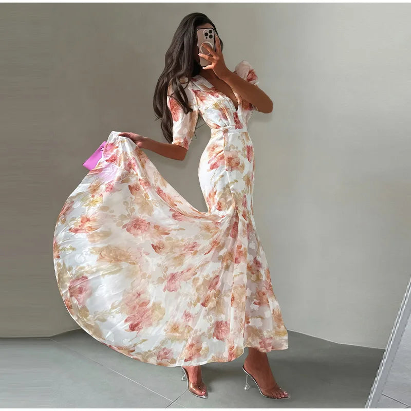 Abito Lungo da Donna con Stampa, Scollo a V, Maniche a Campana, Bordo a Foglia di Loto, Vita Alta, Vestito Maxi Aderente, Elegante Abito da Sera per Feste