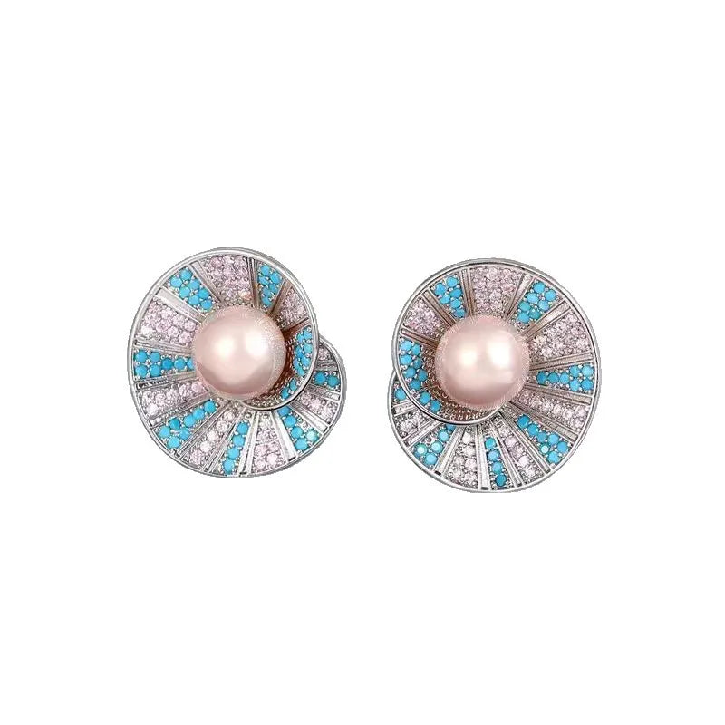 Orecchini a bottone a forma di conchiglia di perla di conchiglia di cristallo blu eleganti vintage per le donne Regalo per feste di gioielli rotondi con geometria semplice