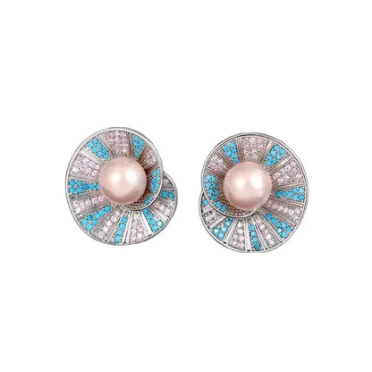 Orecchini a bottone a forma di conchiglia di perla di conchiglia di cristallo blu eleganti vintage per le donne Regalo per feste di gioielli rotondi con geometria semplice
