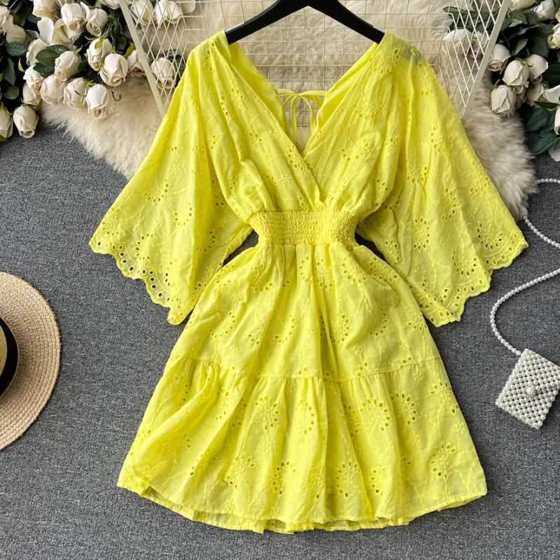 Bianco/Viola/Blu Scollo a V Estate Nuovo Abito ricamato in pizzo Donna Abiti a maniche corte Abiti longuette da spiaggia per feste vintage femminili
