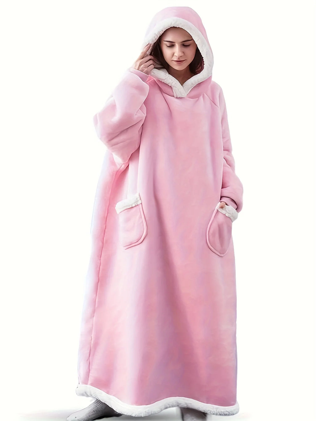 Accappatoio invernale da donna in flanella, extra lungo, con cappuccio e tasche verticali, coperta morbida e foderata in pile, ideale per rilassarsi davanti alla TV.