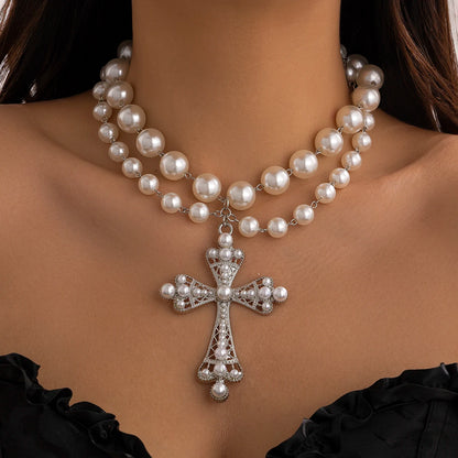 Ingemark multistrato Goth strass croce gesù ciondolo collana girocollo per le donne Vintage perline acriliche regalo di gioielli di Halloween