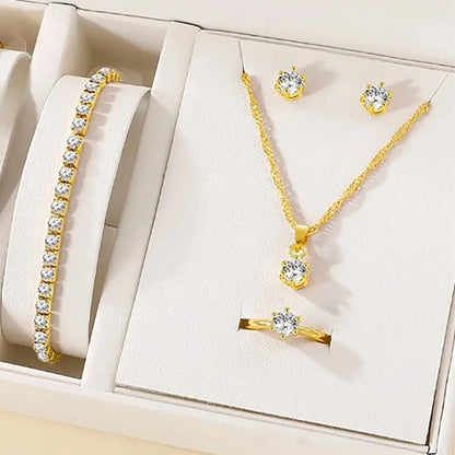Parure de bijoux élégante en cristal 5 pièces, collier, bracelet, boucles d'oreilles et bague en zircone, parure de bijoux simple, tendance et polyvalente