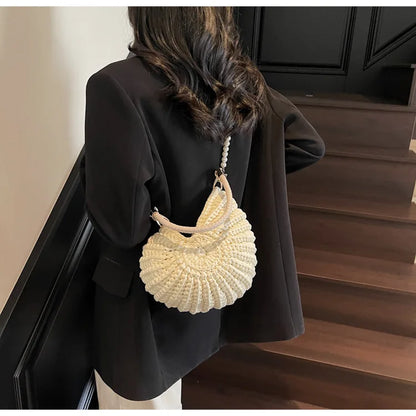 Borse a tracolla da donna all'uncinetto a forma di conchiglia creativa Divertenti catene di perle carine Borsa a tracolla in tessuto fatto a mano Novità piccole borse