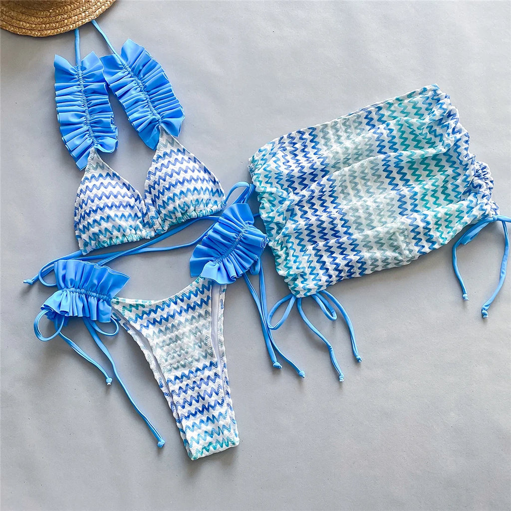 Con gonna Waved Ruffled Bikini con volant costume da bagno femminile costumi da bagno donna tre pezzi Bikini set bagnante costume da bagno Swim V5235