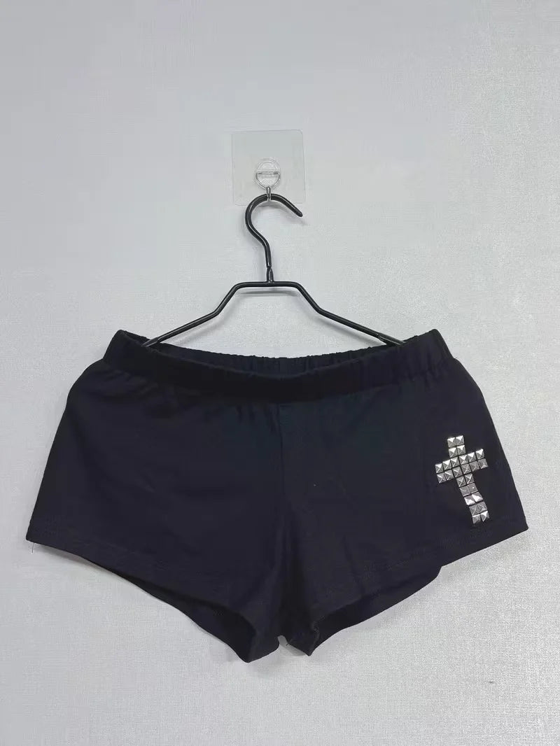 Shorts da donna Y2K estivi streetwear Gyaru vintage goth con stampa grafica Acubi, a vita bassa con bottoni, hot pants, abbigliamento alternativo anni '00